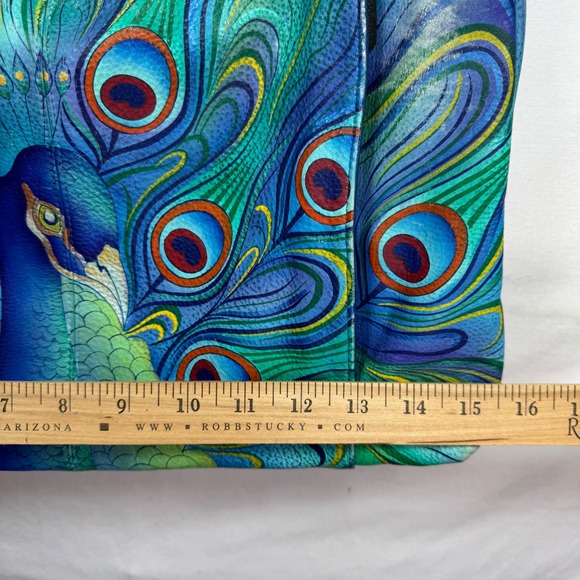 Anuschka Hand-Painted Leather Shoulder Bag Peacock Feathers Blue Green Purse - Picture 11 of 16